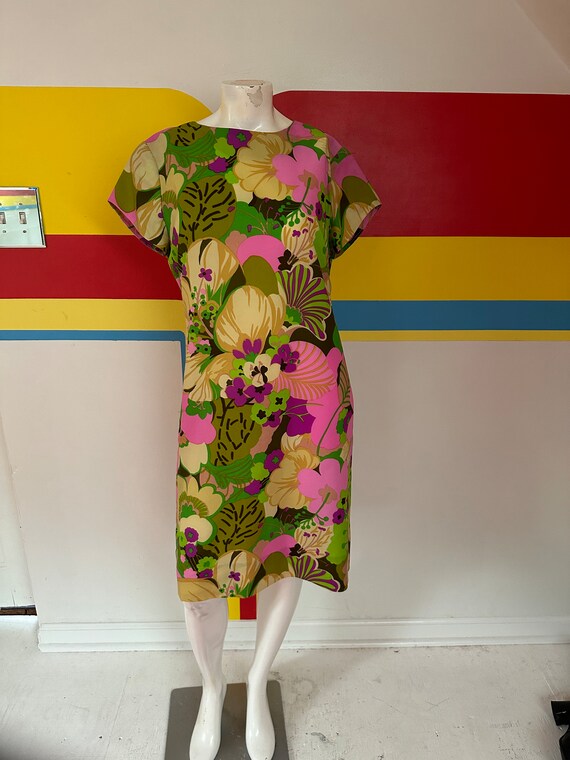 1970s vintage botanical shift dress sz l