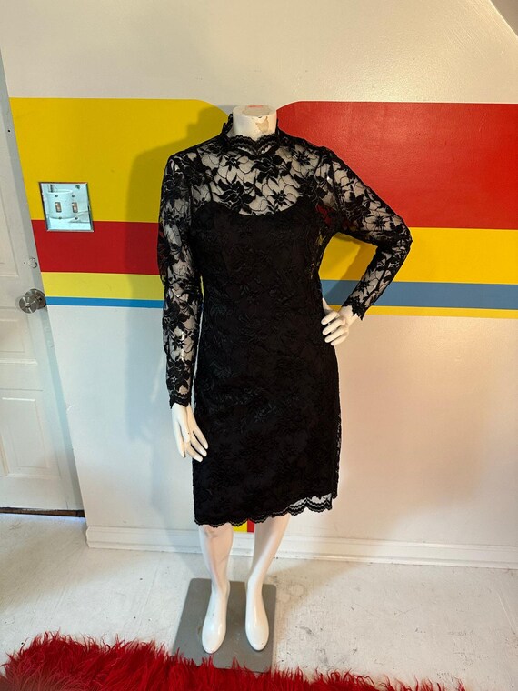 1990s 90s Vintage Black Lace Midi Party Dress S Whimsy Goth Expo Nite Mock Neck Mini Dress Cocktail Prom Evening Grunge Lbd Wednesday Alt
