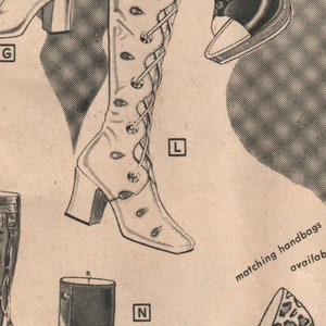 May include: A vintage illustration of four different styles of women's shoes. The shoes are drawn in black and white and feature a variety of heel heights and styles. The illustration includes the text "matching handbags available".