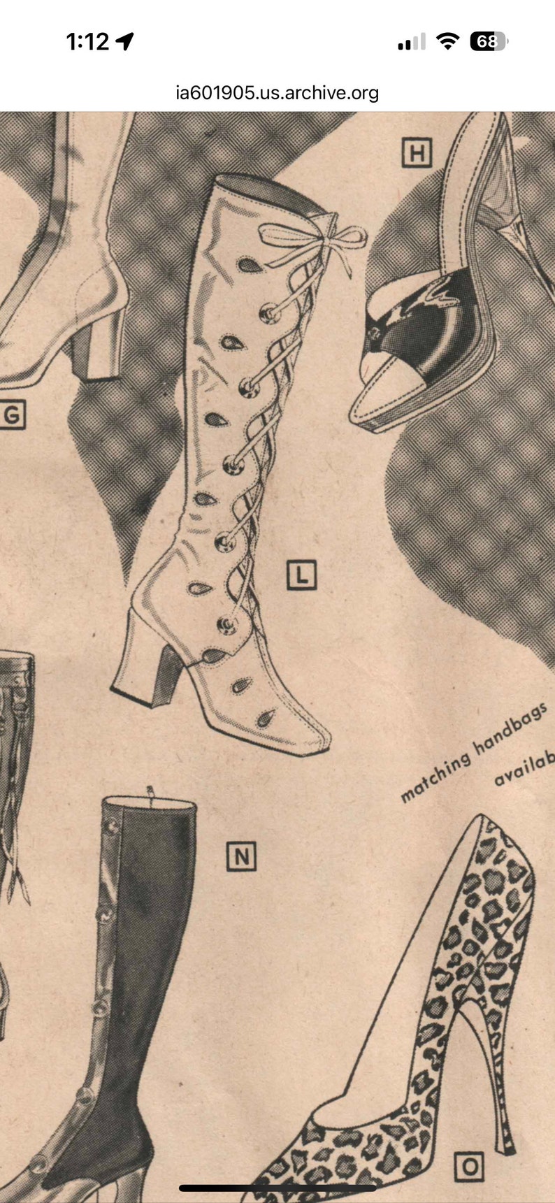 May include: A vintage illustration of four different styles of women's shoes. The shoes are drawn in black and white and feature a variety of heel heights and styles. The illustration includes the text "matching handbags available".