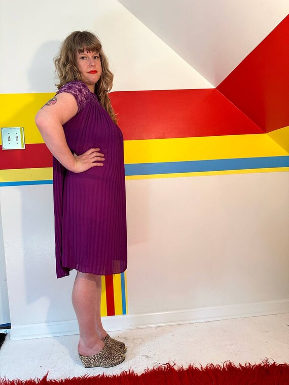 purple tent dress 1980s 80s Vintage Tent Dress Purple Minidress Sz Xl Plus 1960s 60s 1990s 90s Embroidered Sheer Midi Pleats Fortuny Jiani
