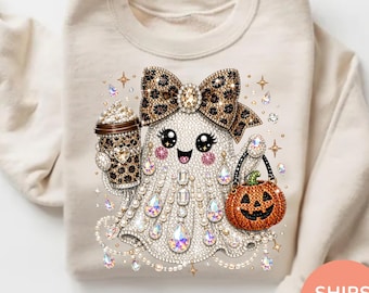 Sudadera Glam Ghost, Sudadera Kawaii Ghost con cuello redondo, Calabaza de Halloween para pedir dulces, Fantasma de café con lazo de leopardo Regalo de otoño