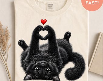 Comfort Colors Cute Black Cat Heart Paws Shirt, I Love Cats T-Shirt, Retro Black Cat Mom Tee, Trendy Animal Tee, Funny Cat Mom Gift