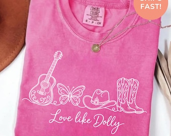 Comfort Colors Love Like Dolly Shirt, Country Girl Graphic Tee, Western Guitar Butterfly T-Shirt, Cowgirl Boots Shirt, Retro Country Gift