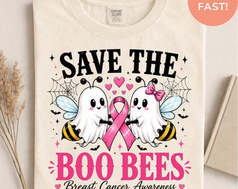 Comfort Color Save the Boo Bees Shirt, Breast Cancer Awareness Tee, Cute Bee Pink Ribbon October Support Gift, Fall Survivor Gift for Her