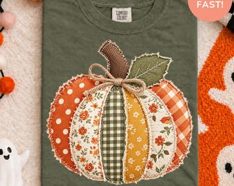 Camiseta de calabaza con retazos, Camiseta acogedora de otoño Comfort Colors®, Camiseta de temporada espeluznante, Camiseta de calabaza, Camiseta con estampado de leopardo estilo cottagecore bohemio de otoño