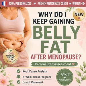 Peut inclure: Un graphique numérique avec le texte Why Do I Keep Gaining Belly Fat After Menopause? Personalized Assessment. Il inclut des points pour Root Cause Analysis, 4-Week Reset Program et Coach Reviewed, avec des badges circulaires dorés.