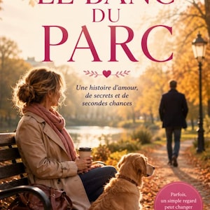 Puede incluir: Una portada de libro titulada LE BANC DU PARC de Sandrine Schaeffer. Muestra a una persona sentada en un banco de parque con un golden retriever, sosteniendo un vaso de café. Al fondo, una persona camina por un sendero cerca de un estanque en otoño.