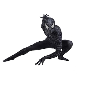 May include: A full-body black spandex bodysuit featuring a white spider web pattern across the entire surface, including a matching full-head mask with large white eye lenses, depicted in a crouched, dynamic pose with one arm extended upward.