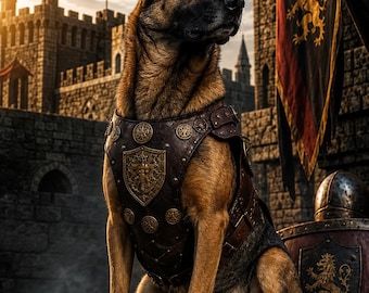 Ornate Medieval Leather Dog Harness | Luxury Studded Royal Lion Armor Vest Heavy Duty Chest-Plate