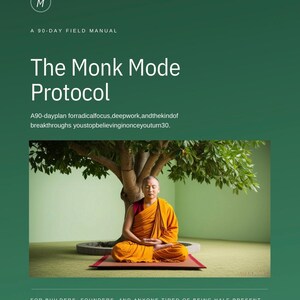 May include: A book cover with a dark green background featuring the text 'The Monk Mode Protocol' and 'A 90-DAY FIELD MANUAL'. Below, an image shows a person in orange robes sitting in a meditative pose on a mat under a tree in a green room.