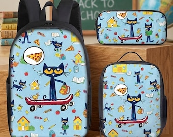 Conjunto de mochila escolar con diseño de gato adorable (3 piezas), mochila infantil con bolsa para el almuerzo y estuche para lápices, regalo de regreso a clases, mochila azul con diseño de gato.