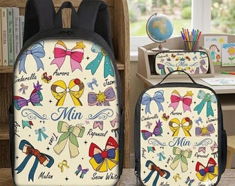 Princess Bows Backpack Set, Custom Name School Bag with Lunch Box and Pencil Case, Princess Theme School Supplies, Back to School Gift