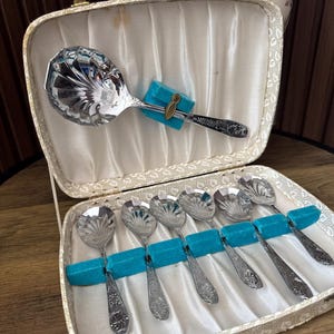 Conjunto vintage de 6 colheres de sobremesa cromadas + espátula com padrão de concha. Em caixa.
