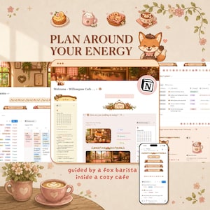 Peut inclure: Un modèle Notion numérique sur le thème d'un café avec un renard barista, incluant des listes de tâches, des calendriers et des mises en page de menu. L'interface affiche le texte PLAN AROUND YOUR ENERGY et Welcome - Willowpaw Cafe.