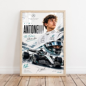 May include: A framed poster featuring Kimi Antonelli in a white Mercedes-AMG Petronas racing suit, a racing helmet, and a Formula One car. The text reads Kimi Antonelli, The Future Starts Now, 12, and includes a signature on a white background.