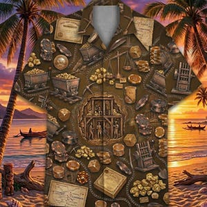 May include: A short-sleeve button-down shirt featuring a brown-toned graphic print of mining equipment, gold nuggets, coins, dice, and historical documents. The pattern includes illustrations of mine carts, scales, and maps labeled Comstock.