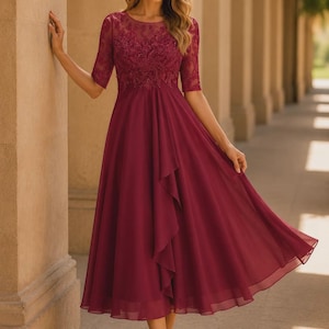 Vestido midi de gasa / Vestido de noche de encaje / Conjunto para dama de honor / Estilo para invitada de boda / Ropa elegante para fiestas, vestido de cóctel, vestido midi vintage