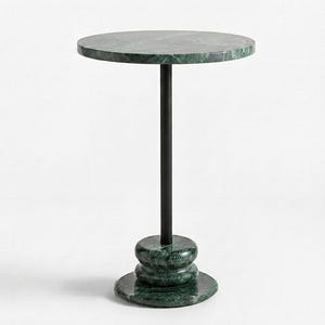 May include: A round side table featuring a dark green marble top with natural veining. The table is supported by a slender black metal central column that connects to a tiered, circular green marble base composed of two stacked rounded elements.