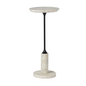 May include: A side table featuring a circular white marble top with grey veining, supported by a slender black metal central column that connects to a cylindrical marble base, which rests upon a flat, circular white marble floor plate.