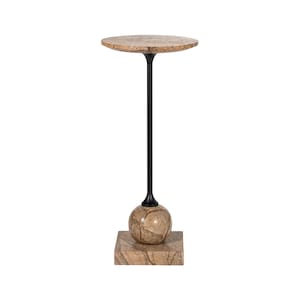 May include: A tall pedestal table featuring a circular brown marble top, a slender black metal central column, and a base composed of a spherical marble element resting on a square marble block. The stone displays natural veining and earthy tones.
