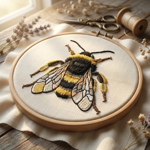 May include: A circular wooden embroidery hoop containing off-white fabric with a detailed thread-stitched bumblebee. The bee features black and yellow fuzzy body segments, translucent grey-toned wings with intricate vein patterns, and six legs.