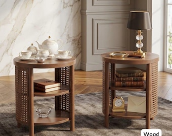 Set of 2 Round End Tables | Mid Century Rattan Shelf Accent Nightstands