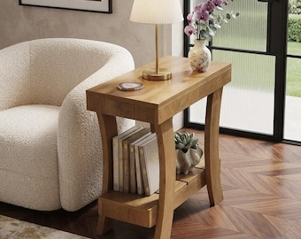 Narrow Side Table with Storage Shelf, Modern Wood Accent Table