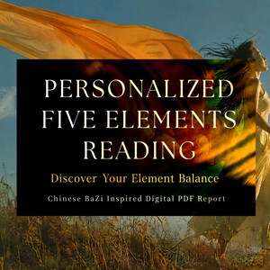 Può includere: Un rapporto digitale in PDF intitolato Personalized Five Elements Reading, Discover Your Element Balance, Chinese BaZi Inspired Digital PDF Report, sovrapposto all'immagine di una persona con un abito fluido su un cielo azzurro.