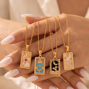 18K Tarot Card Necklace Rectangular Enamel Zircon Pendant Mystic Astrology Witchy Jewelry Moon Lovers Magician Christmas Gift for Her Couple