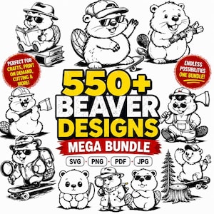 Puede incluir: Una colección digital de más de 550 diseños de castores con varias ilustraciones en blanco y negro de castores con sombreros, gafas de sol y atuendos, incluyendo el texto 550+ BEAVER DESIGNS MEGA BUNDLE y etiquetas SVG, PNG, PDF y JPG.