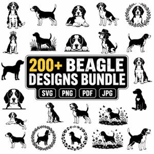 Puede incluir: Una colección de más de 200 ilustraciones en blanco y negro de perros Beagle en varias posturas, incluyendo sentados, de pie y tumbados. Algunos diseños incluyen coronas florales, hierba o accesorios como un sombrero. El texto dice 200+ BEAGLE DESIGNS BUNDLE.