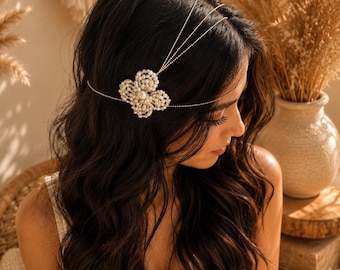 Handmade Pearl Bridal Hair Chain, Boho Wedding Hair Accessory, Bridal Headpiece, Pearl Head Jewelry, Festival Hair Piece, Bride Gift