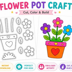 Może przedstawiać: Arkusz z wycinanką doniczki z kwiatami z napisem FLOWER POT CRAFT Cut, Color & Build. Arkusz zawiera czarno-białe kontury elementów kwiatów i doniczki oraz pokolorowany przykład gotowego projektu doniczki z kwiatami.