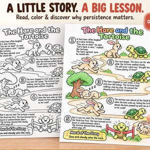 May include: Two printable activity sheets featuring The Hare and the Tortoise story. One sheet is a black and white colouring page, and the other is a full-colour version. Both include five numbered illustrations, text, and the moral of the story.