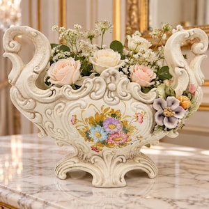Jardinière en céramique à motif floral, coupe décorative rococo à double anse ornée de fleurs sculptées, couleur crème.