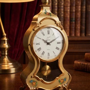 Puede incluir: Un reloj de sobremesa dorado con esfera blanca, números romanos negros y detalles florales. El reloj cuenta con un péndulo central, un remate puntiagudo en la parte superior y una pequeña llave de cuerda situada frente a la base.