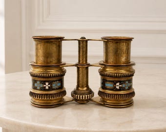Binocolo da teatro vintage in smalto, in ottone decorato, turchese e nero, oggetto da collezione.