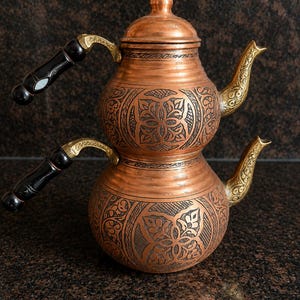 Traditional Turkish Copper Double Tea Pot | Engraved Ottoman Style Çaydanlık