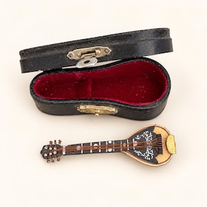 May include: A miniature mandolin with a light wood body, black accents, and white floral detailing, featuring metal strings and tuning pegs. It is accompanied by an open, black, oval-shaped carrying case with a red velvet interior.