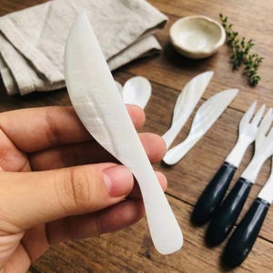 以下が含まれることがあります： 滑らかで虹色の光沢を持つ白いマザーオブパールのバターナイフ。ナイフは湾曲した刃と先細りのハンドルが特徴で、貝殻素材特有の自然な輝きと繊細な木目模様が、明るく清潔感のある外観を引き立てています。