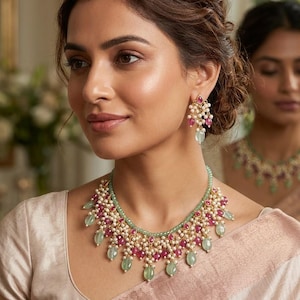 May include: A necklace and matching drop earrings set featuring light green beads, small white pearls, and teardrop-shaped pink stones. The necklace has a beaded green strand with clusters of pearls and stones, while the earrings mirror the design.
