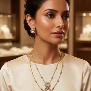 May include: A gold-toned jewelry set consisting of a double-layered necklace and matching teardrop-shaped stud earrings. The necklace features three central teardrop-shaped stones set in gold frames, suspended from delicate gold chains with small accents.