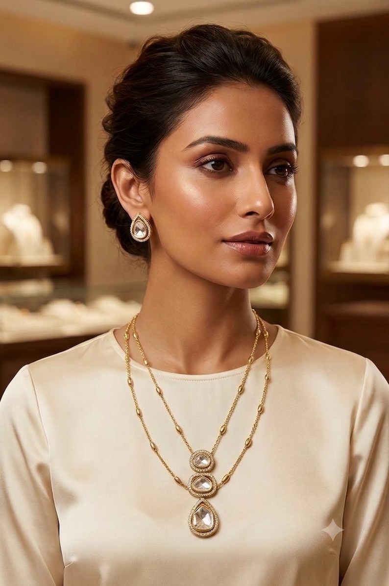 May include: A gold-toned jewelry set consisting of a double-layered necklace and matching teardrop-shaped stud earrings. The necklace features three central teardrop-shaped stones set in gold frames, suspended from delicate gold chains with small accents.