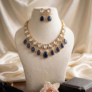 Blue Sapphire Kundan Necklace Set, Victorian CZ Bridal Jewelry, Indian Statement Earrings