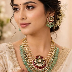 Handmade Green Beaded Kundan Polki Necklace Set With Earrings, Pearl Multistrand Indian Wedding Set, Indian Bridal Jewelry Gift For Her