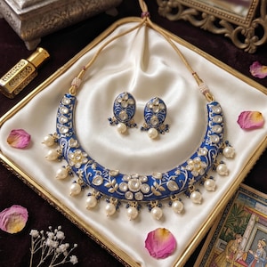 Royal Blue Kundan Polki Hasli Necklace Set, Meenakari Pearl Choker, Indian Bridal Jewelry