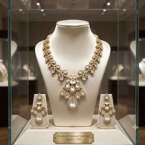 Victorian Polki Kundan Necklace Earrings Set, Indian Bridal Jewelry, Gold Tone Finish