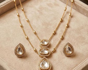 Double-Layer Kundan Polki Necklace Set with Earrings, Victorian CZ Indian Bridal Jewelry