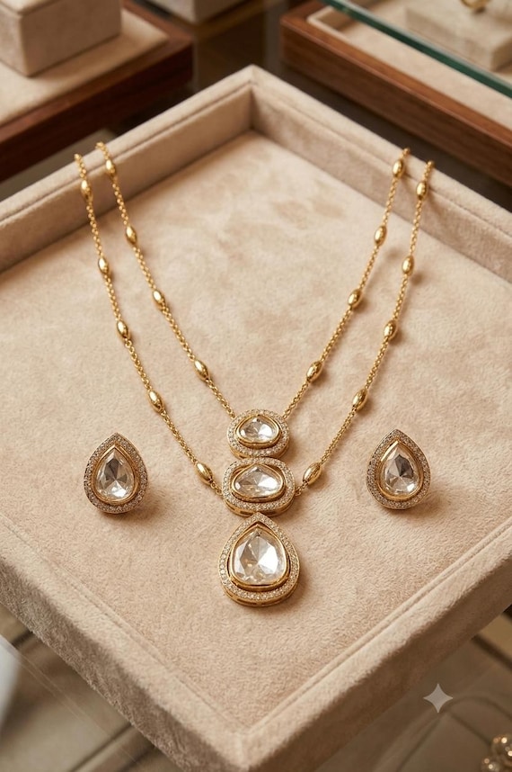 Double-Layer Kundan Polki Necklace Set with Earrings, Victorian CZ Indian Bridal Jewelry